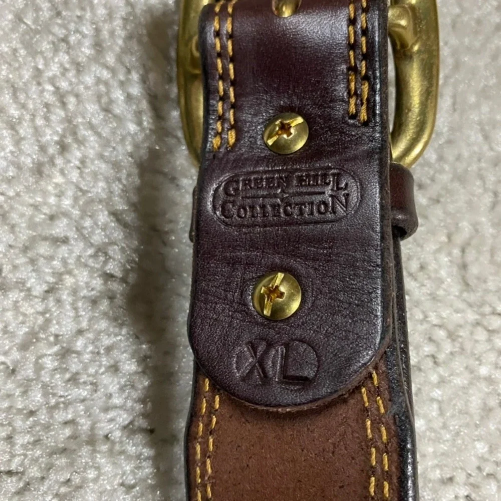 Green Hill Collection Mens Brown Leather Belt Brass Buckle XL Stitched Thick